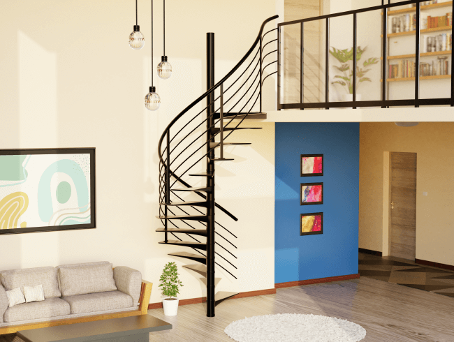 Design 3D salon cosy et escalier