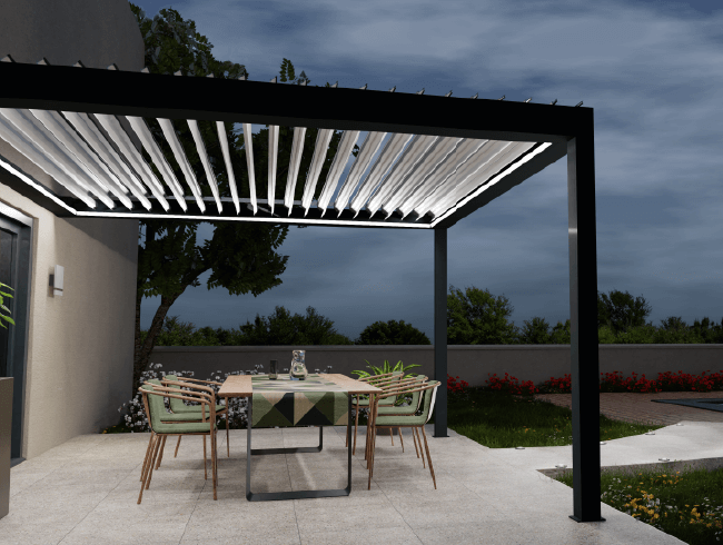 Conception 3D pergola et store banne avec salon de jardin de nuit